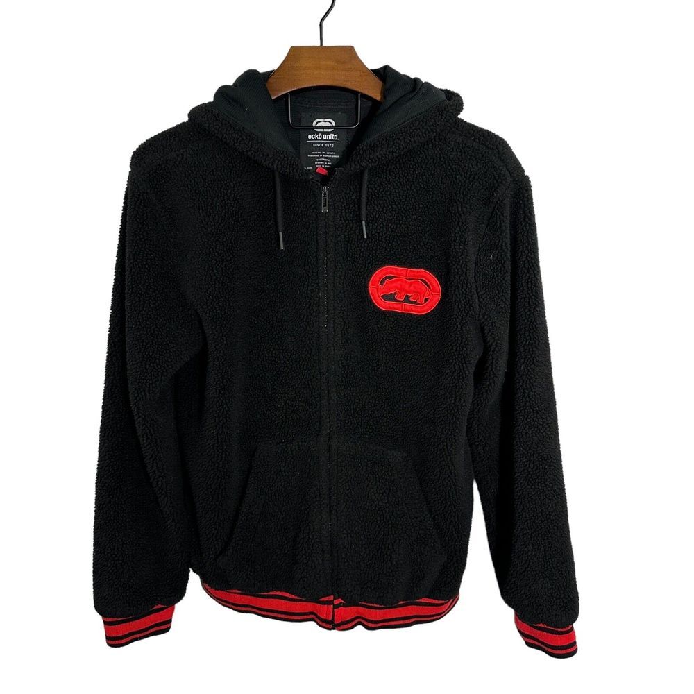 ECKO UNLTD. Black Chunky Faux Fleece Full Zip Varsity Style Jacket Size M